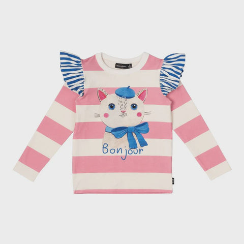 Rock Your Kid Bonjour Kitten T Shirt- cream/pink stripe