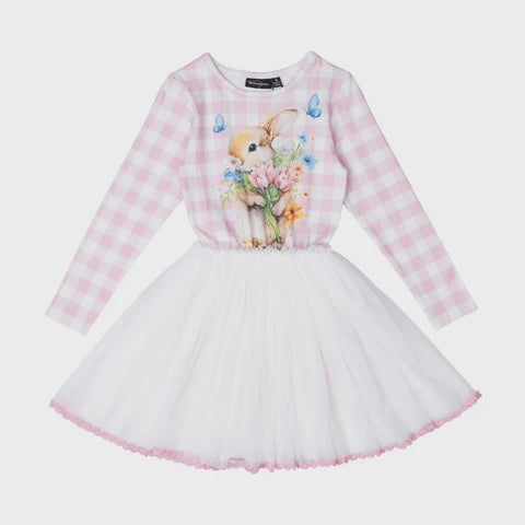 Rock Your Kid Bunny Bouquet Circus Dress  - pink/cream check