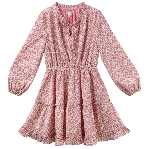 Designer Kidz - Caitlin L/S Floral Frill Dress - Dusty Pink