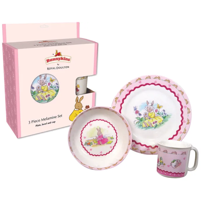 Bunnykins by Royal Doulton - 3 Piece Melanine Set - Sweethearts Design Pink