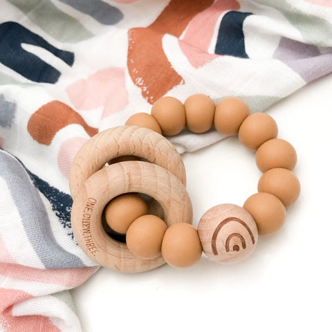 ELEMENTS Silicone and Beech Wood Rattle Teether- Caramel Rainbows