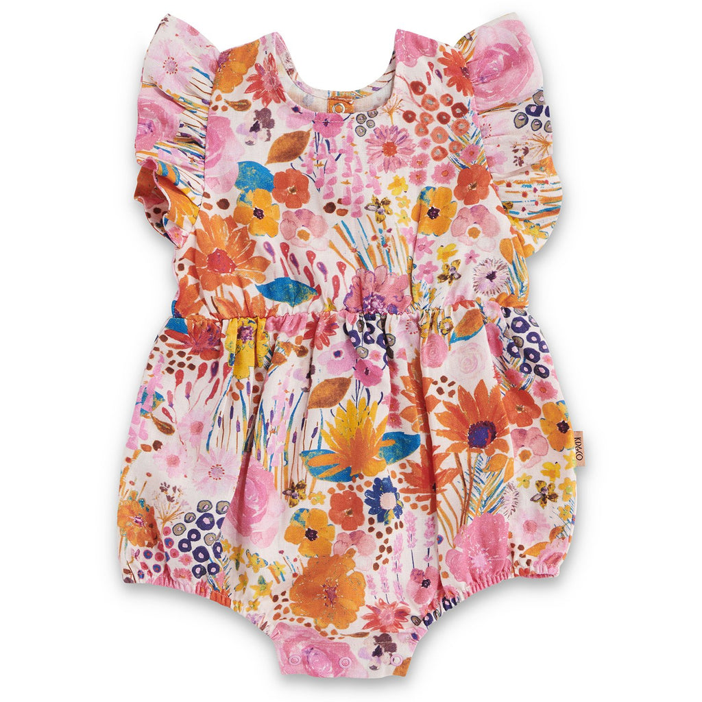 Kip & Co - Linen Frill Baby Playsuit - Pinky Field Of Dreams