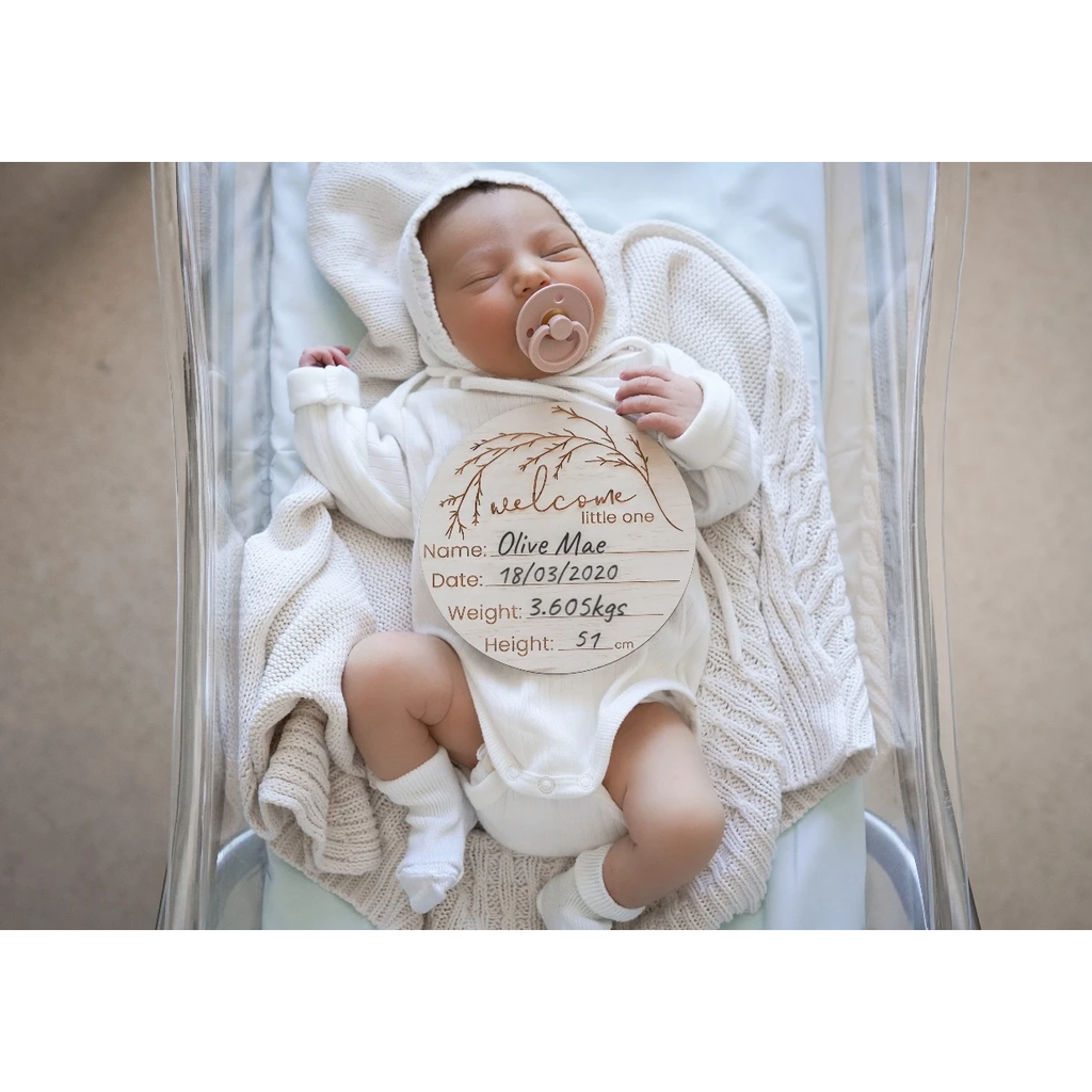 Hello Fern Wooden Welcome To The World Little One Birth Announcement Disc - Whimsical