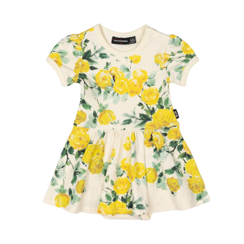 Rock Your Baby - Yellow Roses Baby Waisted Dress - Floral