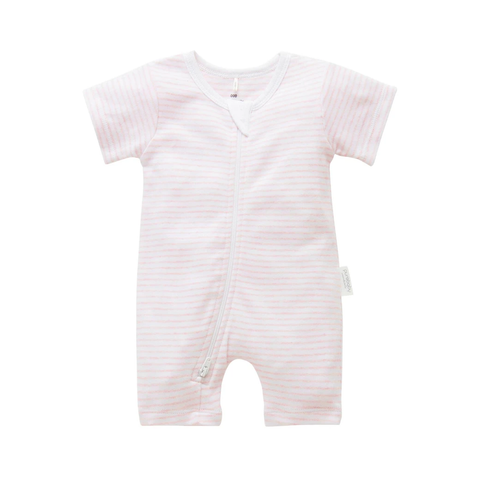 Purebaby - S/S Short Leg Zip Growsuit - Pale Pink Melange Stripe