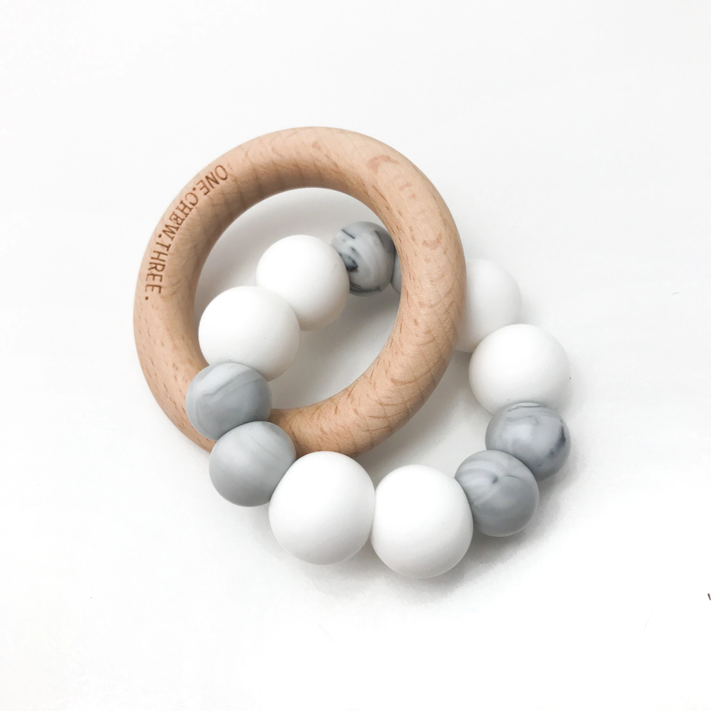 one chew three - DUO Silicone and Beech Wood Teether - white marble-