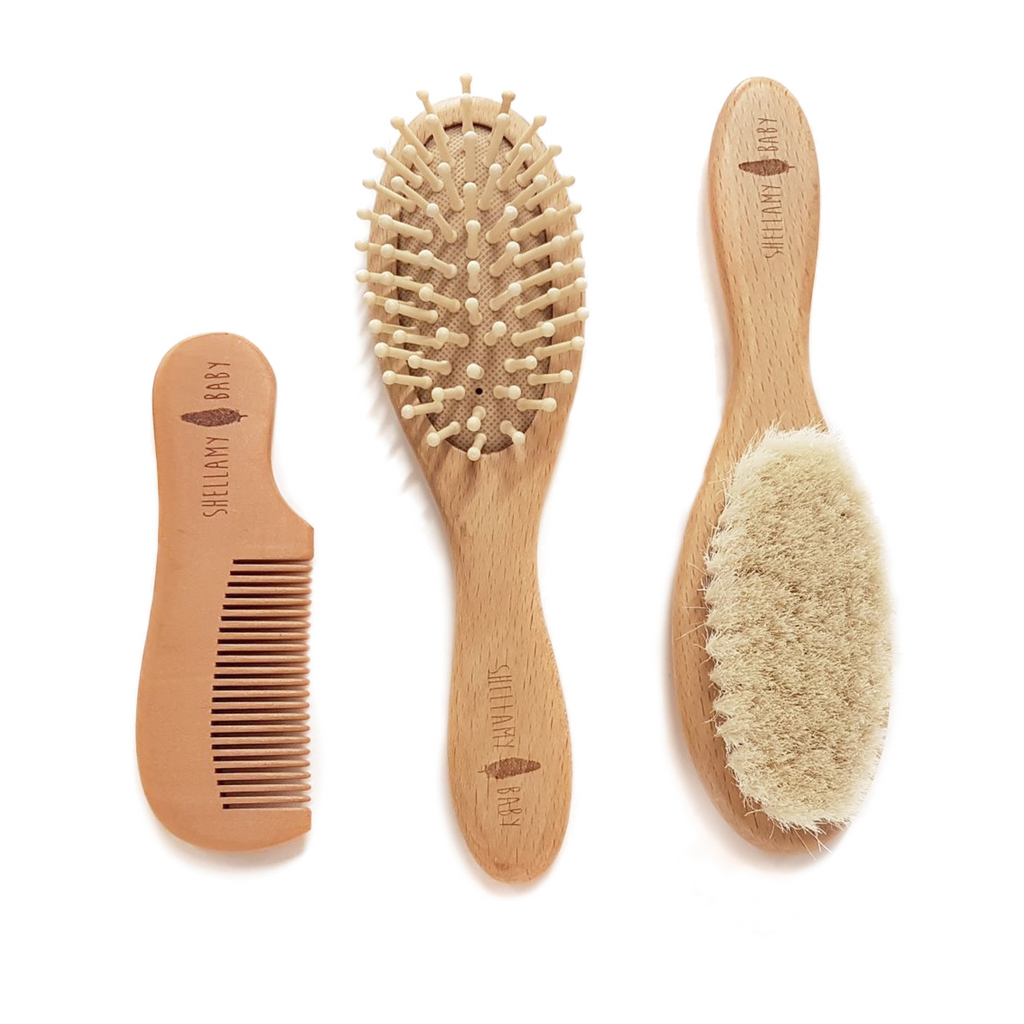Shellamy Baby - 3 Piece Wooden Baby Hairbrush And Comb Set